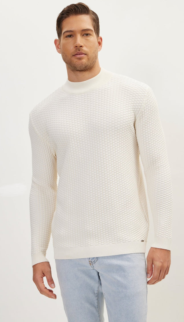 Oversized Bamboo Ribbing Stitch Mock Neck Sweater - Ecru - Ron Tomson