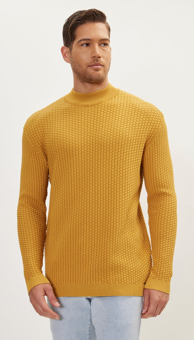 Oversized Bamboo Ribbing Stitch Mock Neck Sweater - Mustard - Ron Tomson