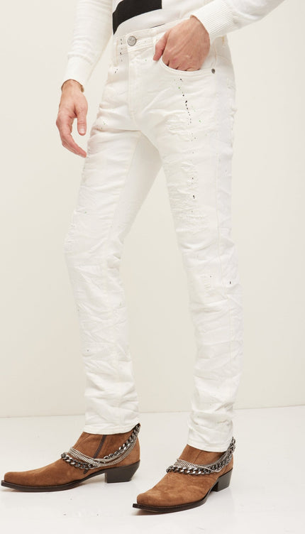 Painted Soft Cotton Distressed Denim Jeans - White - Ron Tomson