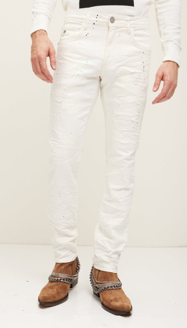 Painted Soft Cotton Distressed Denim Jeans - White - Ron Tomson