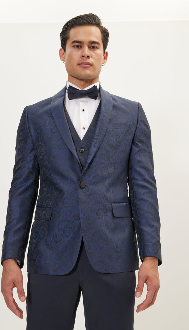 Paisley High Peak Lapel Tuxedo Jacket - Navy - Ron Tomson