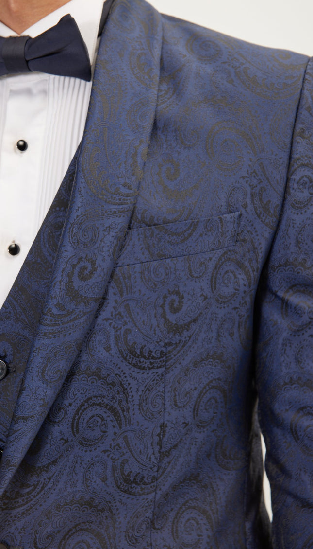 Paisley High Peak Lapel Tuxedo Jacket - Navy - Ron Tomson