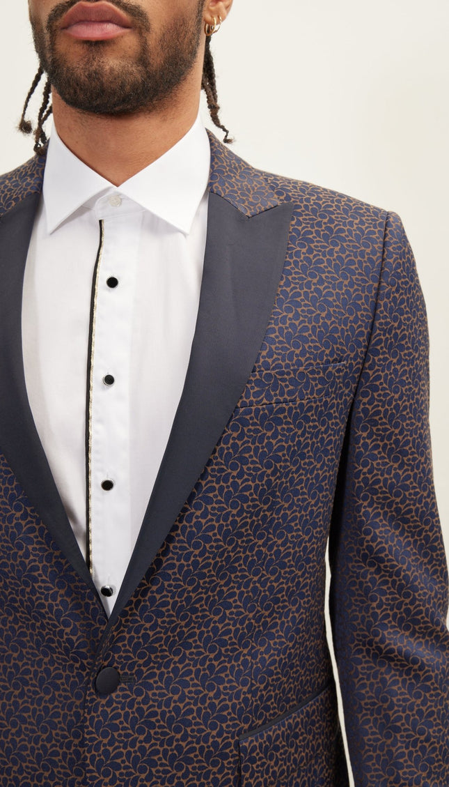 Paisley Pattern Peak Lapel Tuxedo Jacket - Navy - Ron Tomson