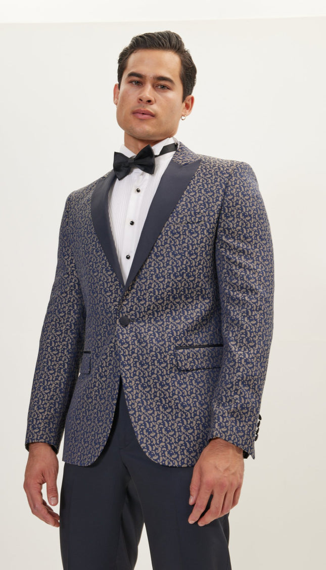 Paisley Pattern Peak Lapel Tuxedo Jacket - Navy Beige - Ron Tomson