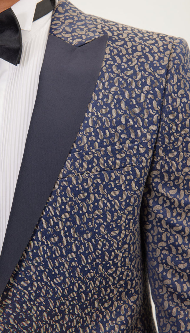 Paisley Pattern Peak Lapel Tuxedo Jacket - Navy Beige - Ron Tomson