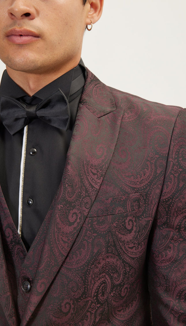 Paisley Peak Lapel Tuxedo Jacket - Burgundy - Ron Tomson