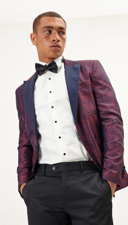 Paisley Peak Lapel Tuxedo Jacket- Burgundy - Ron Tomson