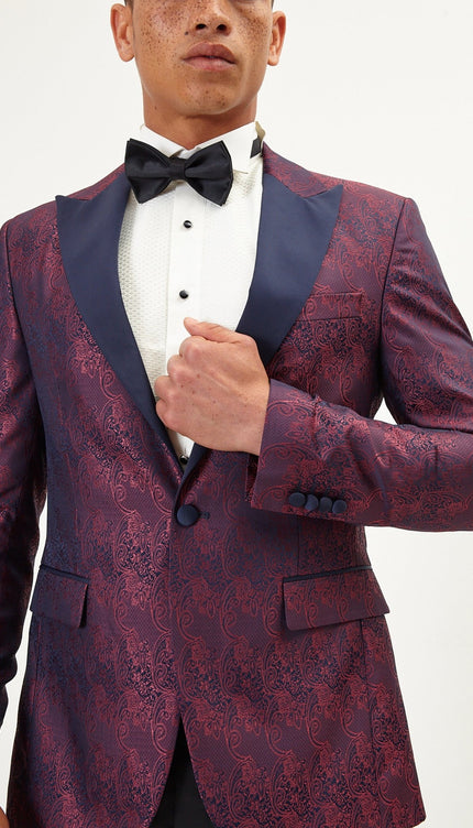 Paisley Peak Lapel Tuxedo Jacket- Burgundy - Ron Tomson