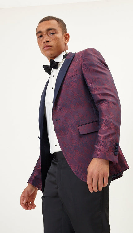 Paisley Peak Lapel Tuxedo Jacket- Burgundy - Ron Tomson