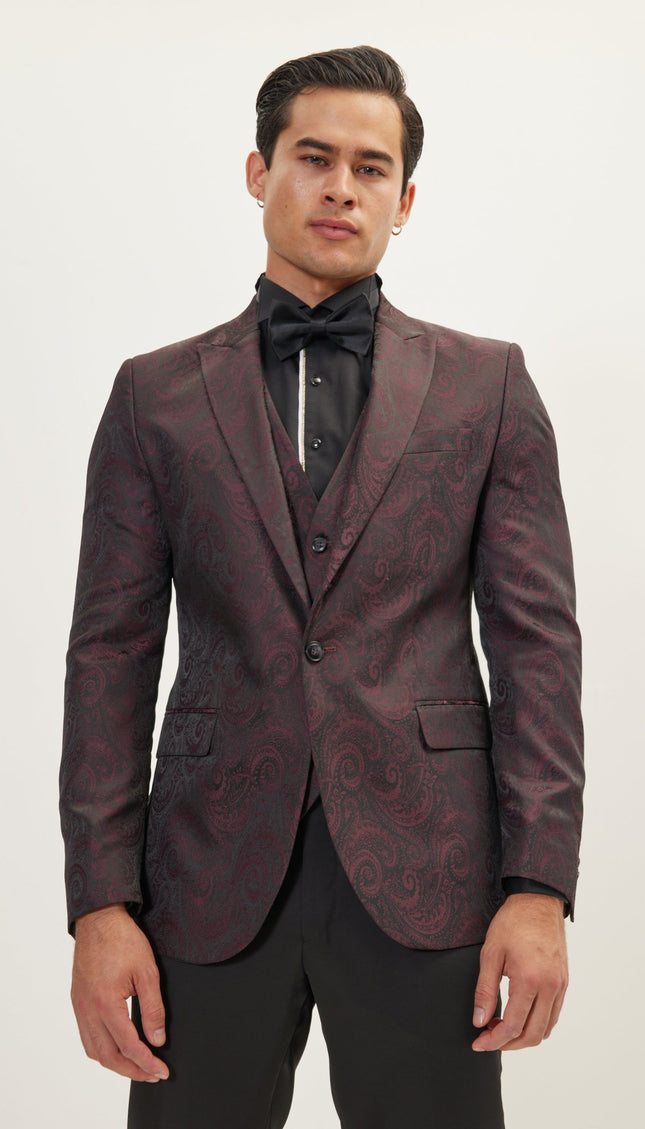 Paisley Peak Lapel Tuxedo Jacket - Burgundy - Ron Tomson