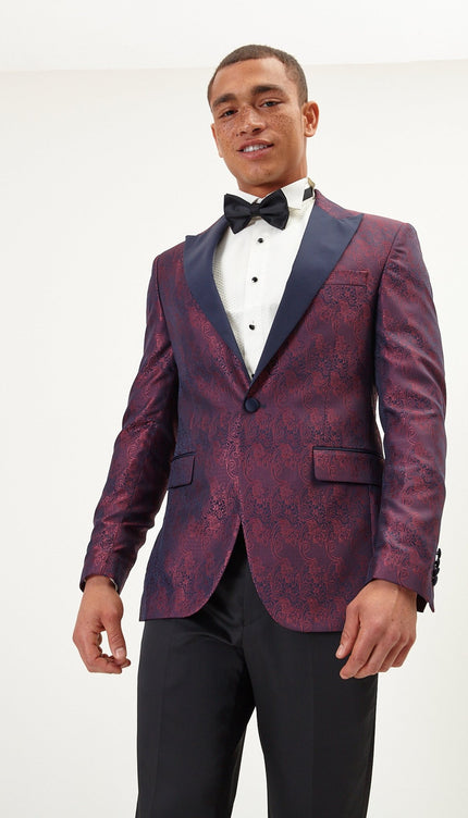 Paisley Peak Lapel Tuxedo Jacket- Burgundy - Ron Tomson