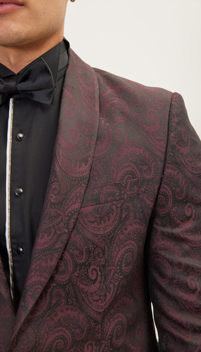 Paisley Shawl Lapel Tuxedo Jacket - Burgundy - Ron Tomson