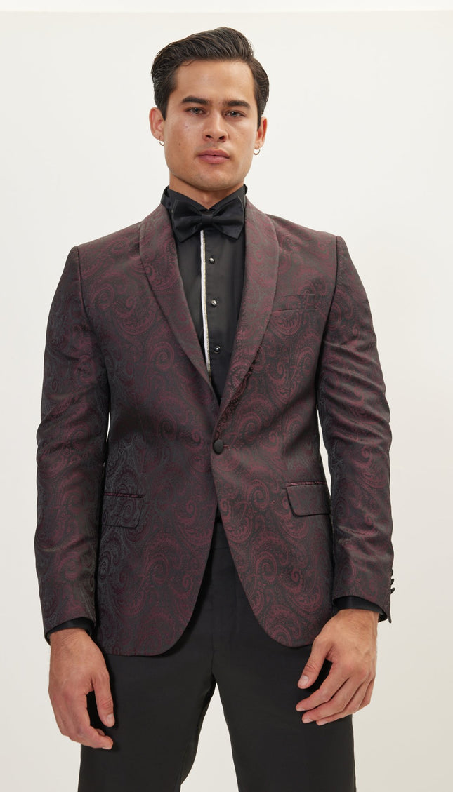 Paisley Shawl Lapel Tuxedo Jacket - Burgundy - Ron Tomson