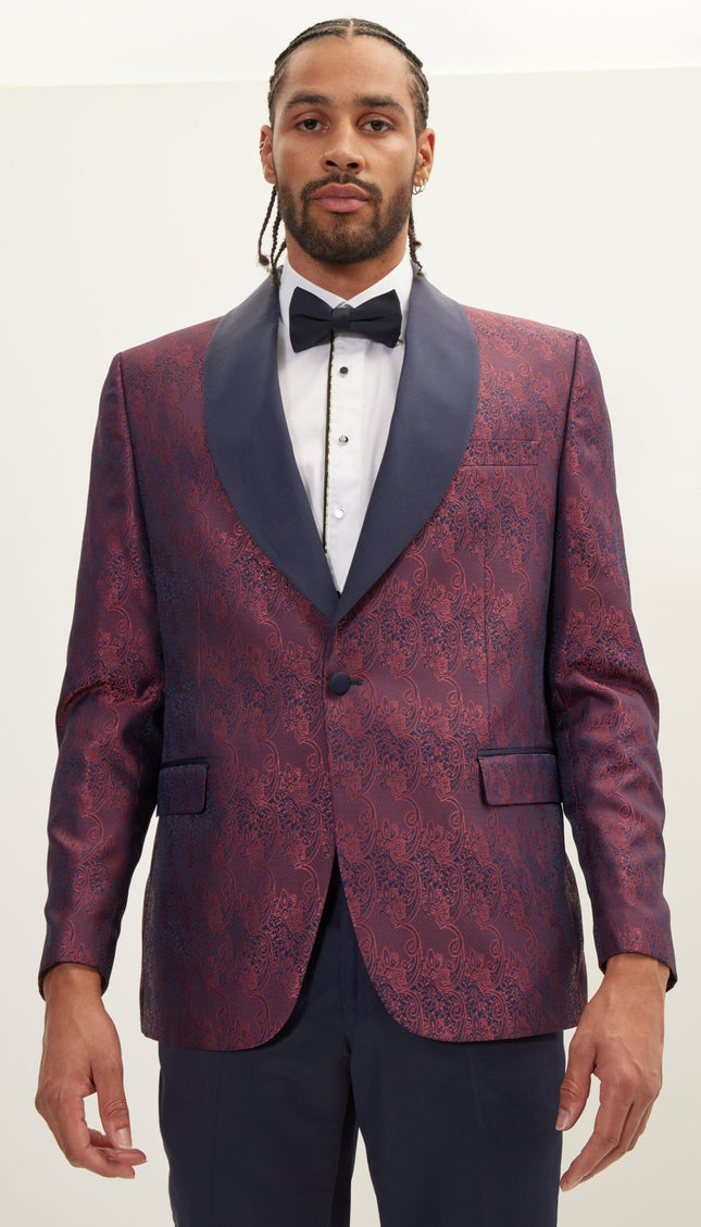 Paisley Shawl Lapel Tuxedo Jacket - Burgundy - Ron Tomson