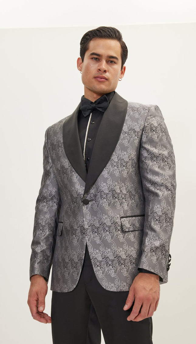 Paisley Shawl Lapel Tuxedo Jacket - Silver - Ron Tomson