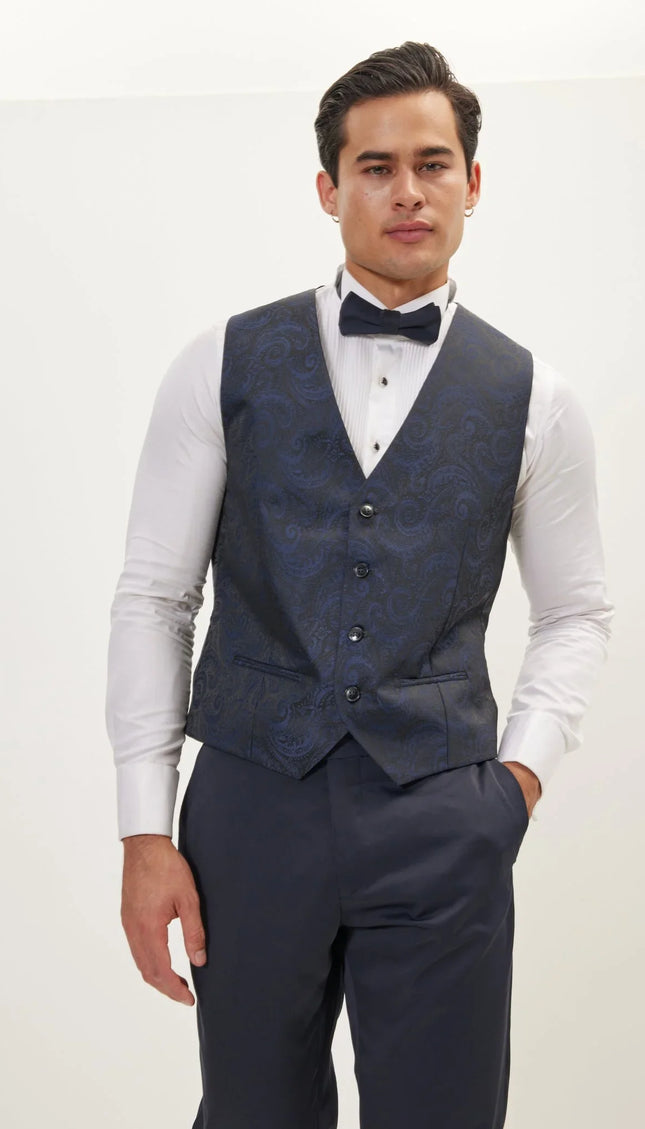 Paisley V-Shaped Vest - Navy - Ron Tomson