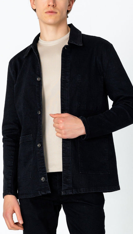 Patch Pocket Fitted Denim Jacket - Black - Ron Tomson