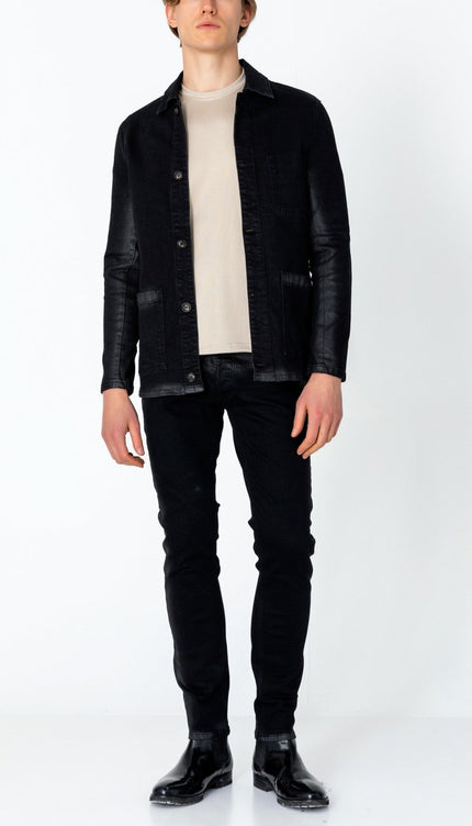 Patch Pocket Fitted Waxed Denim Jacket - Black - Ron Tomson