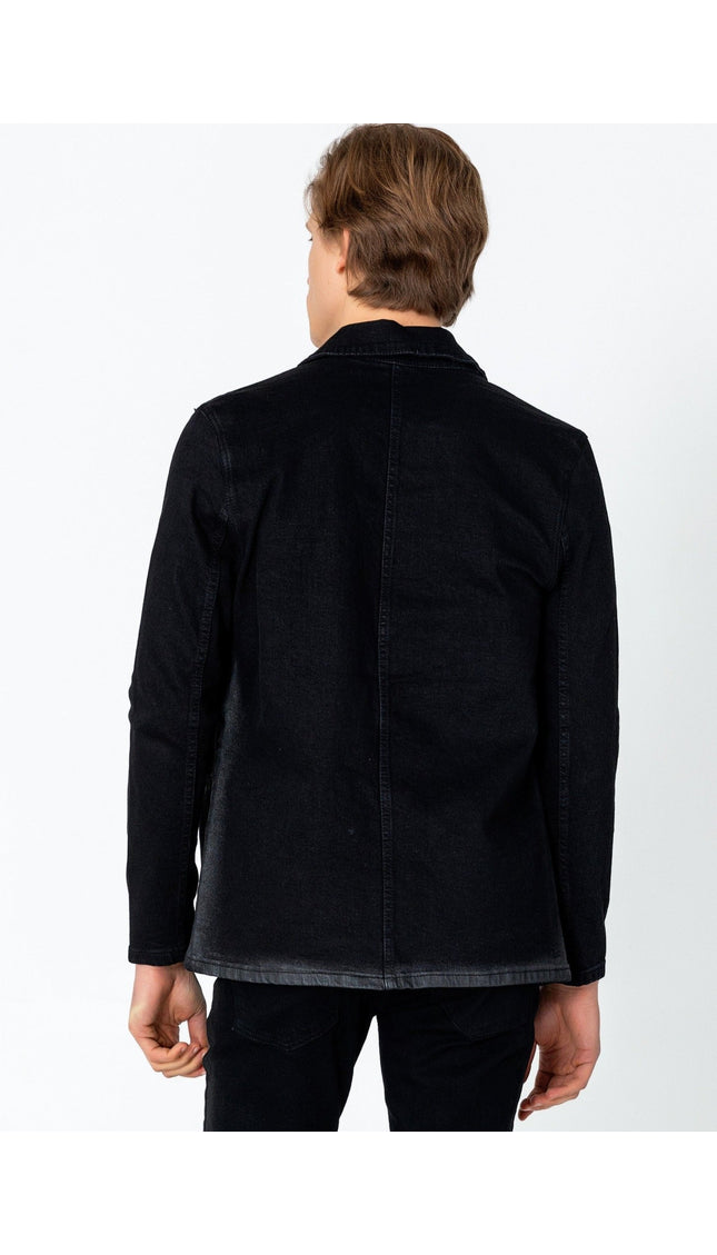 Patch Pocket Fitted Waxed Denim Jacket - Black - Ron Tomson