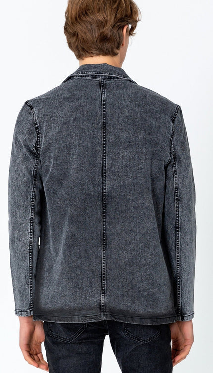 Patch Pocket Fitted Waxed Denim Jacket - Grey - Ron Tomson