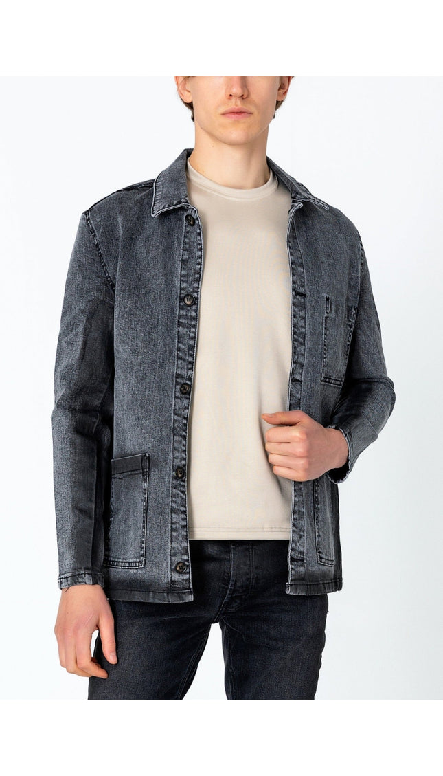 Patch Pocket Fitted Waxed Denim Jacket - Grey - Ron Tomson