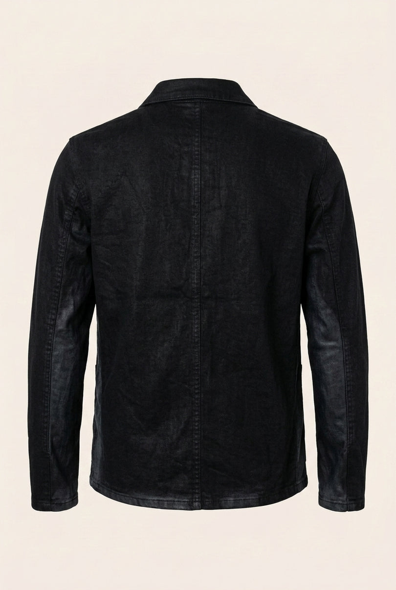 Patch Pocket Waxed Denim Jacket - Black - Back