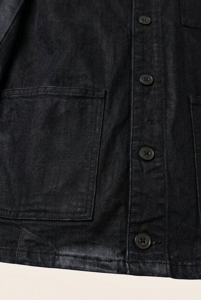 Patch Pocket Waxed Denim Jacket - Black - Detail