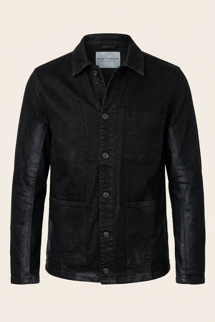Patch Pocket Waxed Denim Jacket - Black - Front