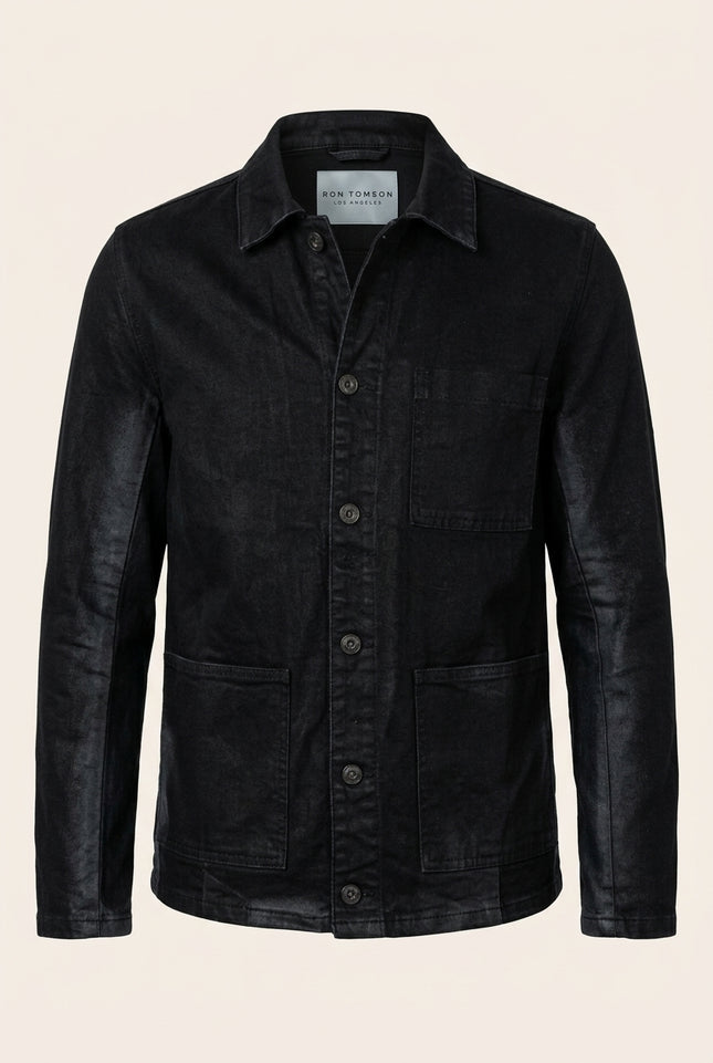 Patch Pocket Waxed Denim Jacket - Black - Front