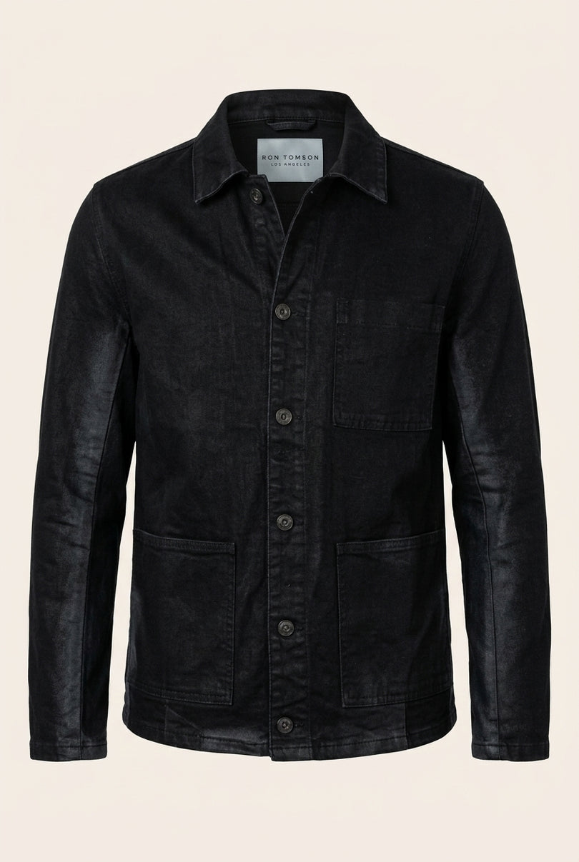 Patch Pocket Waxed Denim Jacket - Black - Front