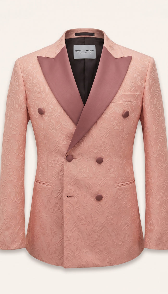 Peak Lapel Brocade Tuxedo Jacket - Salmon