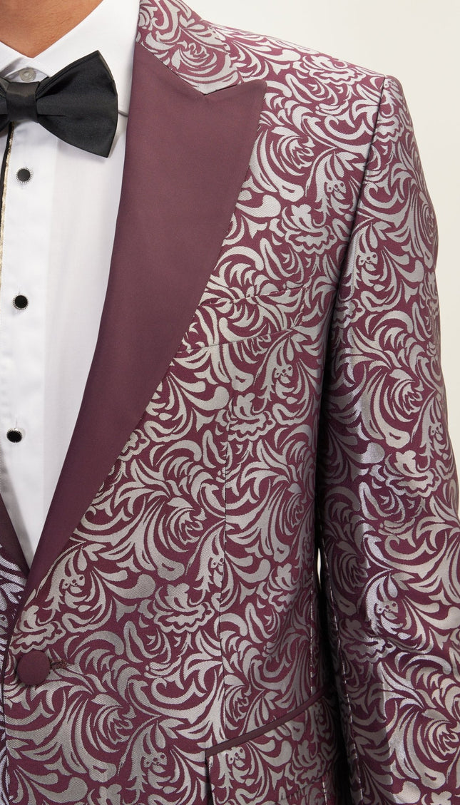 Peak Lapel Metalic Paisley Tuxedo Jacket - Silver Burgundy - Ron Tomson