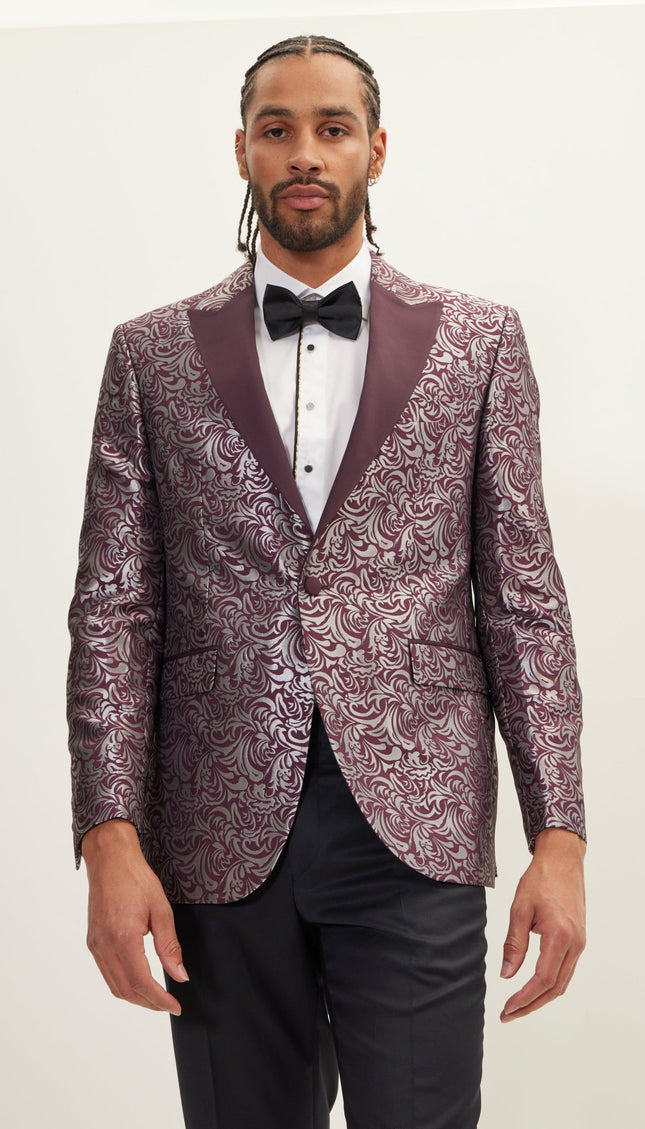 Peak Lapel Metalic Paisley Tuxedo Jacket - Silver Burgundy - Ron Tomson