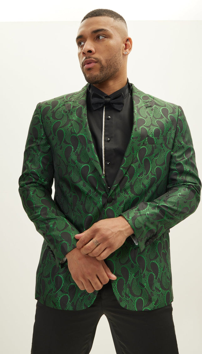Peak Lapel Paisley Jacquard Tuxedo Jacket - Green - Ron Tomson