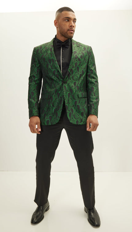 Peak Lapel Paisley Jacquard Tuxedo Jacket - Green - Ron Tomson