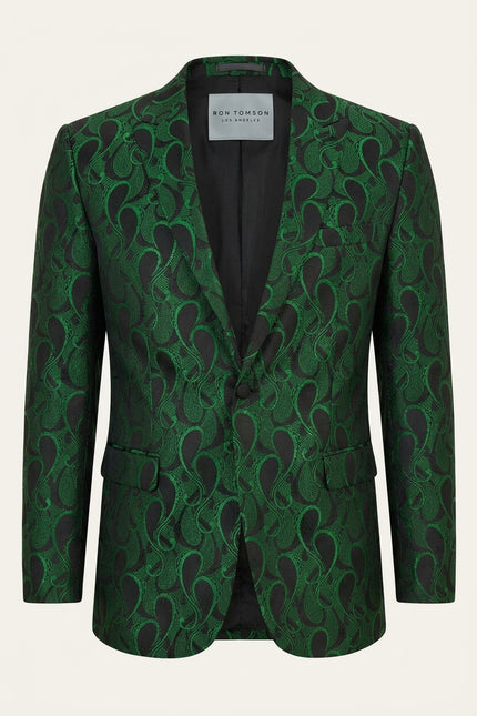 Peak Lapel Paisley Jacquard Tuxedo Jacket - Green - Front