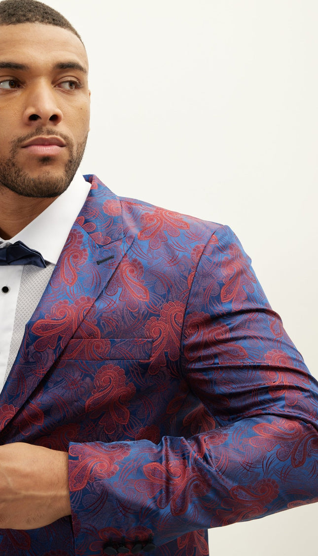 Peak Lapel Paisley Jacquard Tuxedo Jacket - Red - Ron Tomson