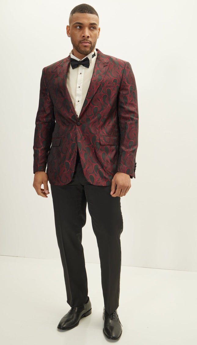 Peak Lapel Paisley Jacquard Tuxedo Jacket - Red - Ron Tomson