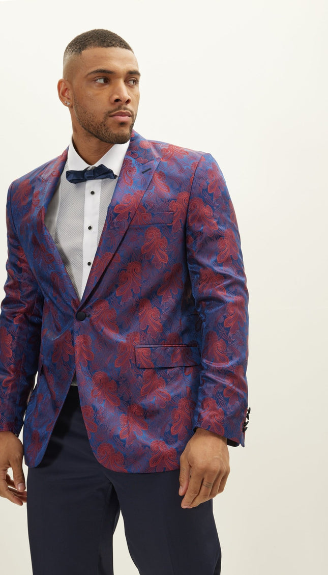 Peak Lapel Paisley Jacquard Tuxedo Jacket - Red - Ron Tomson