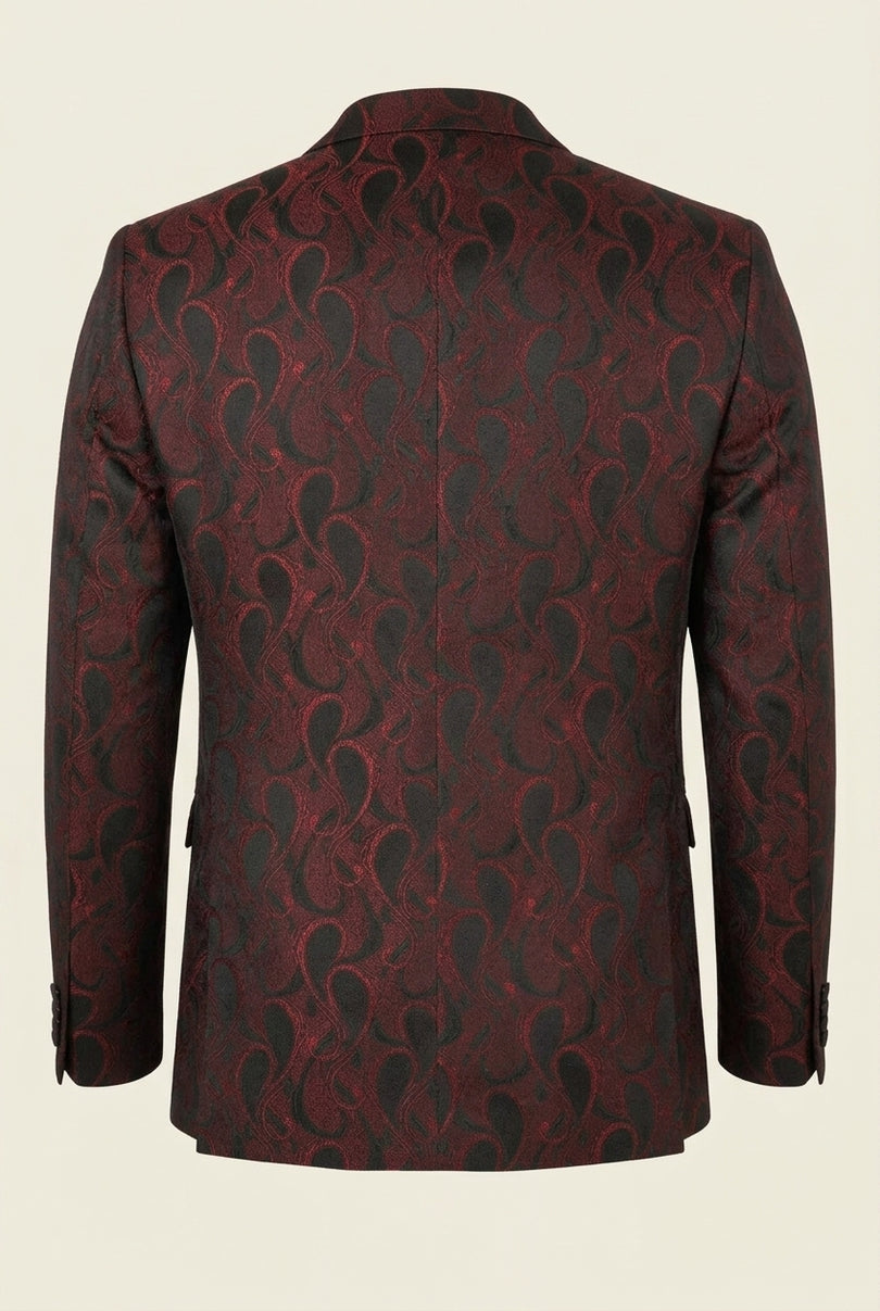 Peak Lapel Paisley Jacquard Tuxedo Jacket - Red - Back
