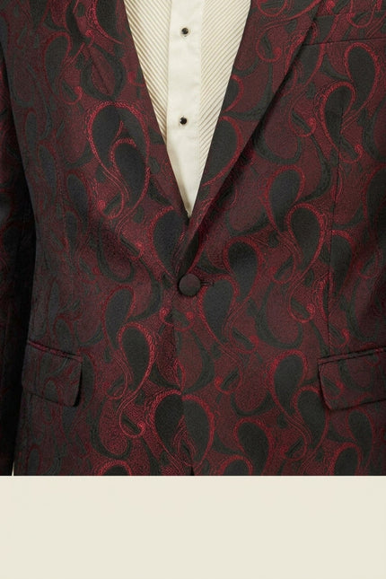 Peak Lapel Paisley Jacquard Tuxedo Jacket - Red - Detail