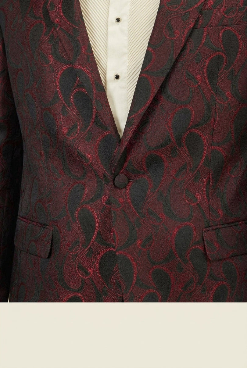 Peak Lapel Paisley Jacquard Tuxedo Jacket - Red - Detail