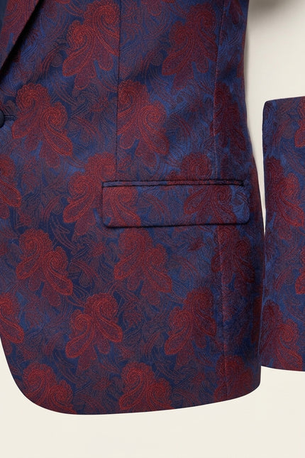 Peak Lapel Paisley Jacquard Tuxedo Jacket -  Red - Detail