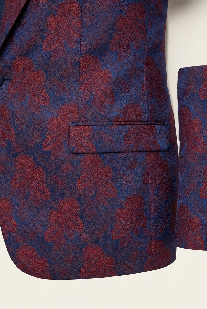 Peak Lapel Paisley Jacquard Tuxedo Jacket -  Red - Detail