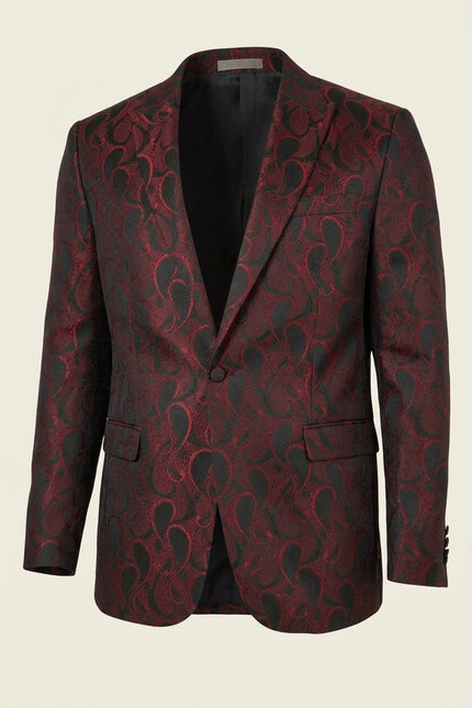 Peak Lapel Paisley Jacquard Tuxedo Jacket - Red - Front