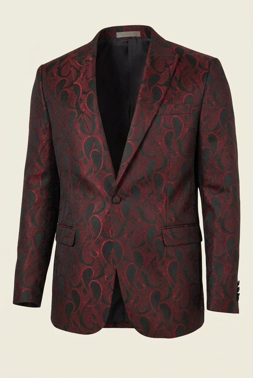 Peak Lapel Paisley Jacquard Tuxedo Jacket - Red - Front