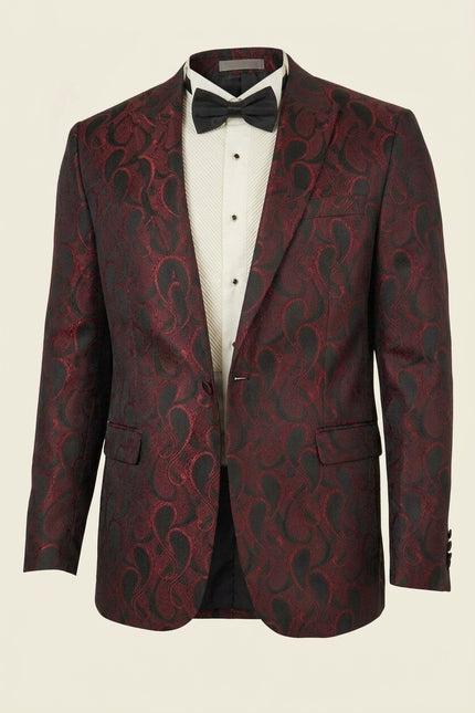 Peak Lapel Paisley Jacquard Tuxedo Jacket - Red - Front (Alt)