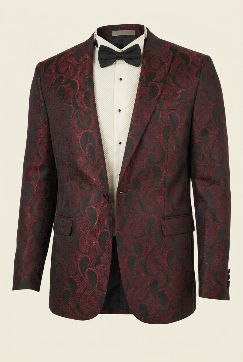 Peak Lapel Paisley Jacquard Tuxedo Jacket - Red - Front (Alt)