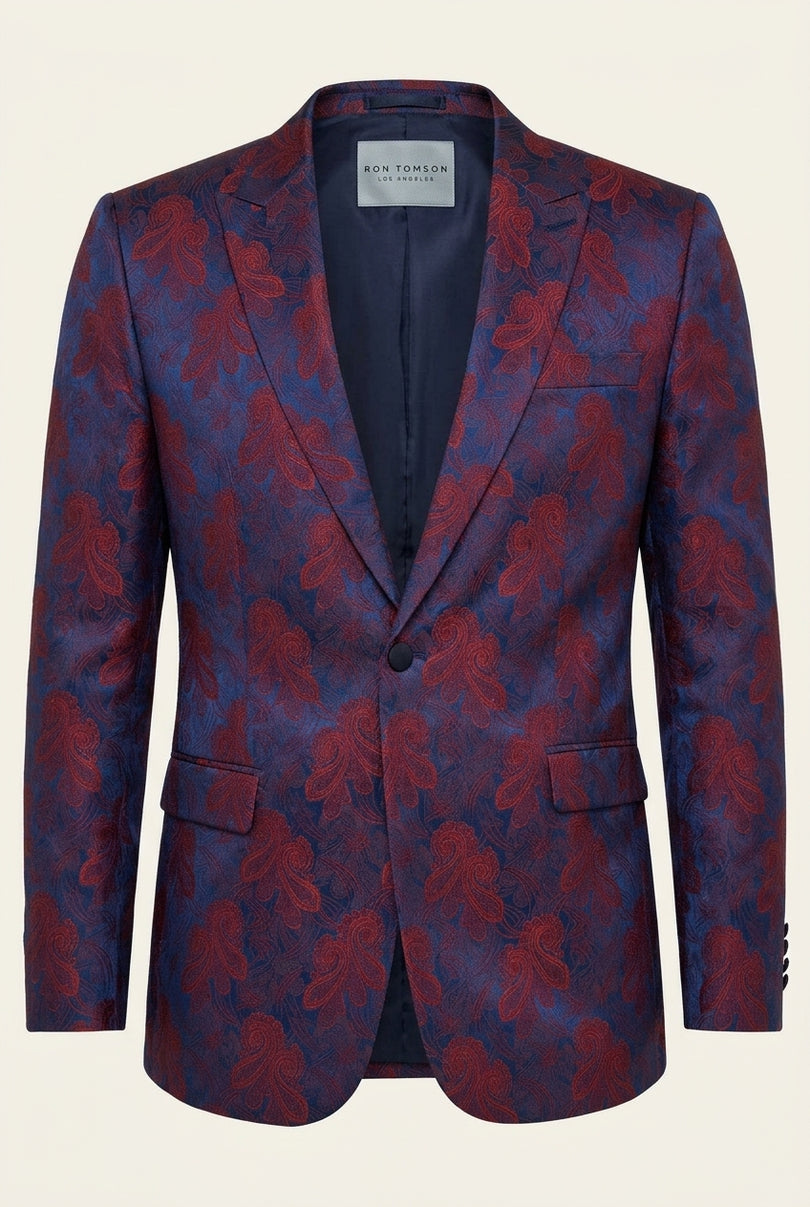 Peak Lapel Paisley Jacquard Tuxedo Jacket -  Red - Front