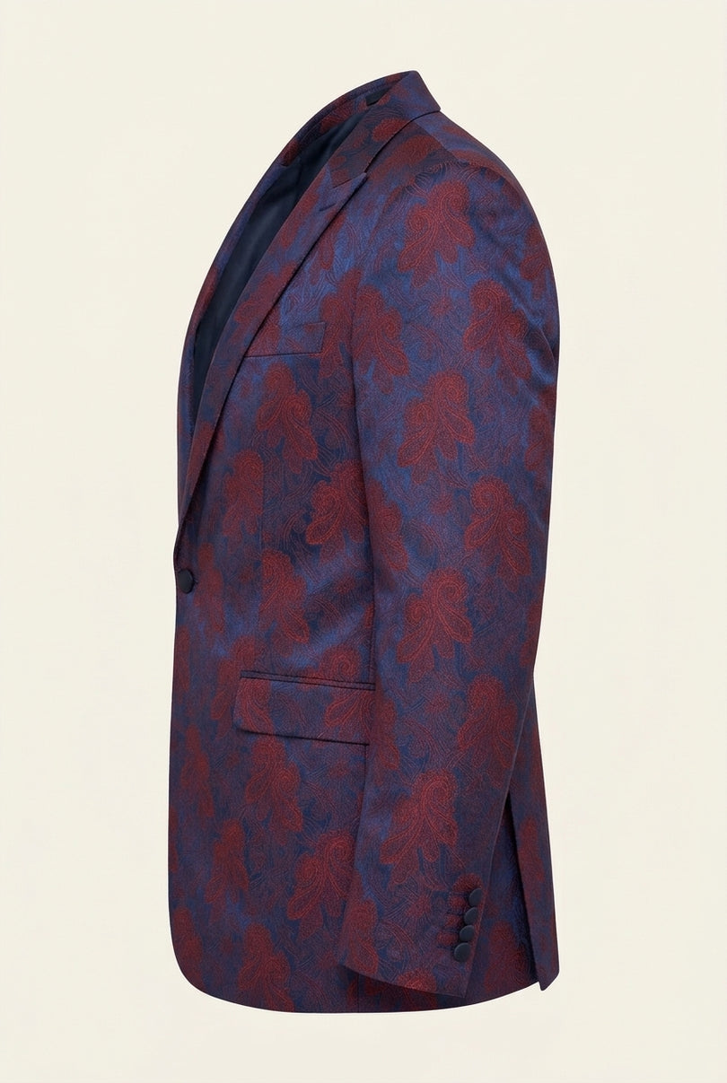 Peak Lapel Paisley Jacquard Tuxedo Jacket -  Red - Side